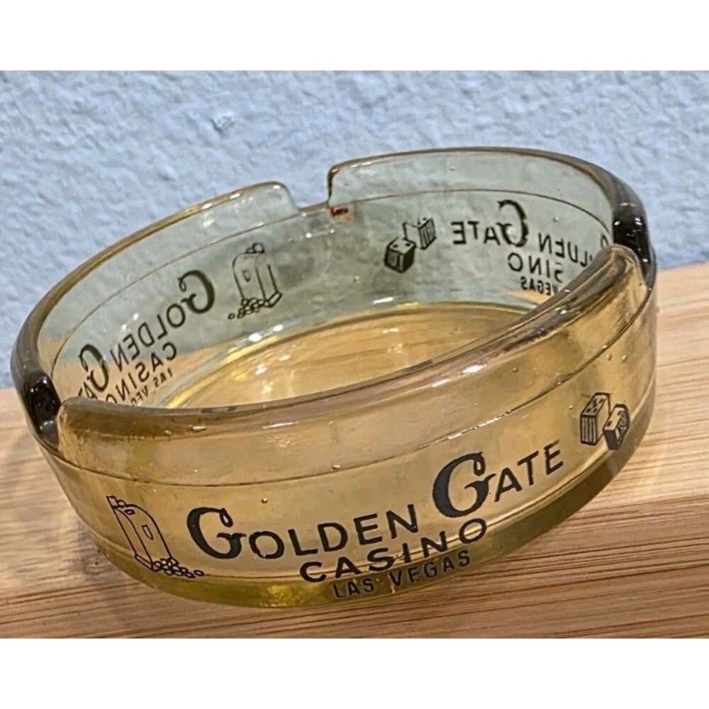 Vintage Golden Gate Casino Las Vegas Ash Tray Round Light Gold Glass 3"